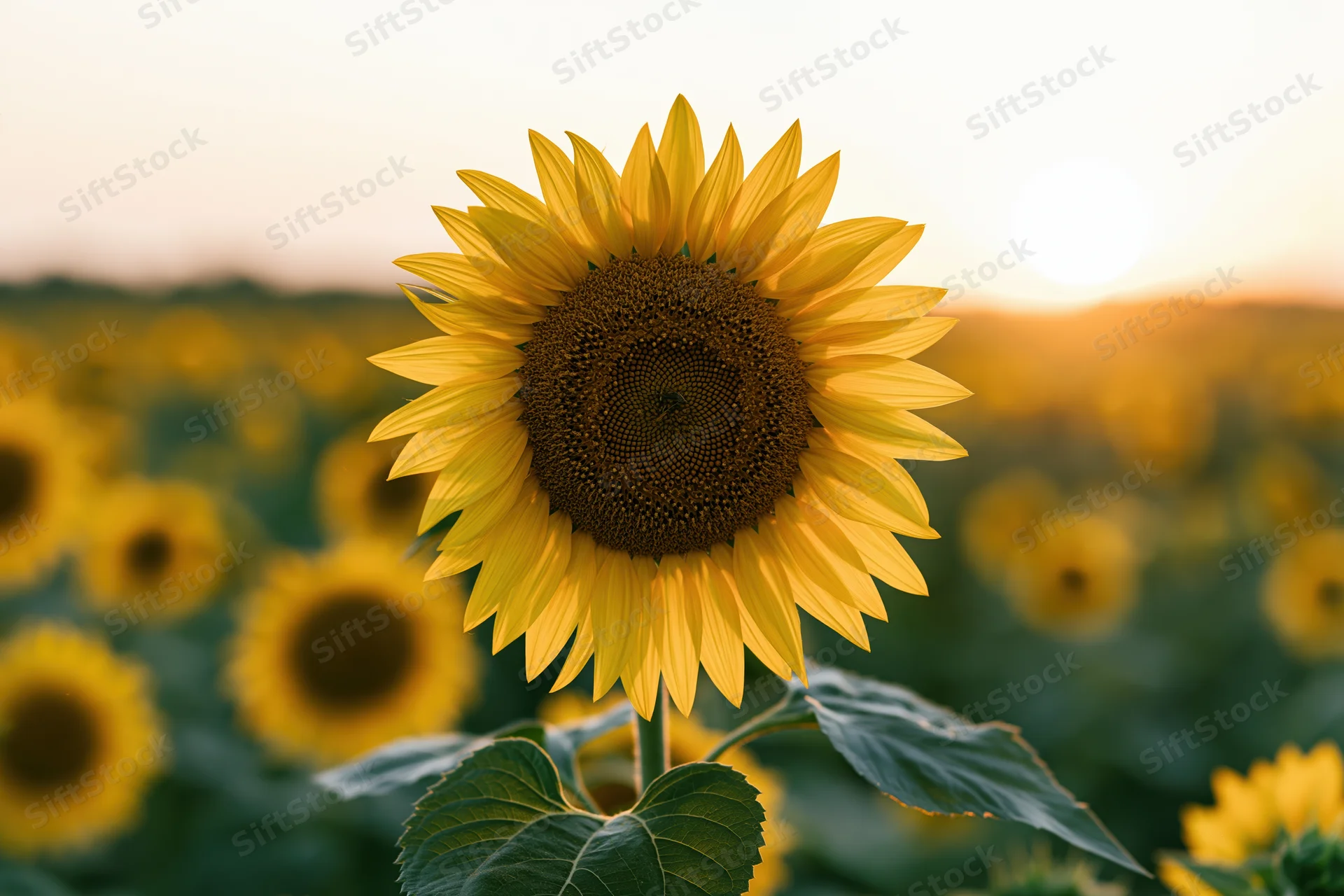 Large sunflower in full bloom centered in a field at sunset