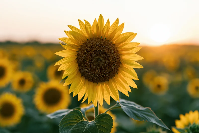 Large sunflower in full bloom centered in a field at sunset