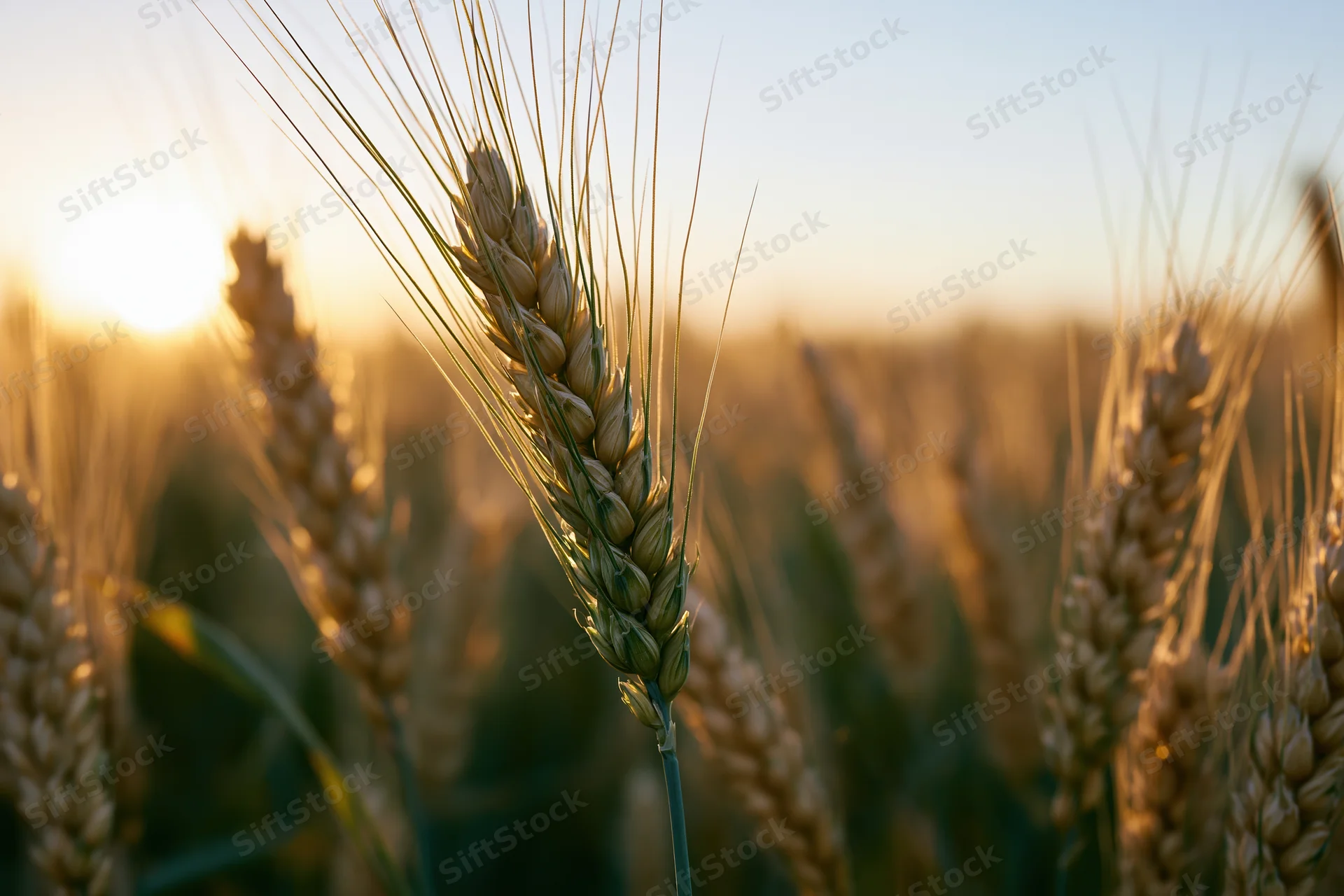 Golden wheat ears in a field at late afternoon with sun flare and blurred background