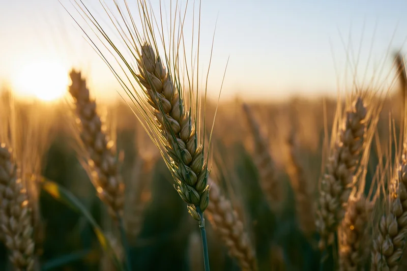 Golden wheat ears in a field at late afternoon with sun flare and blurred background