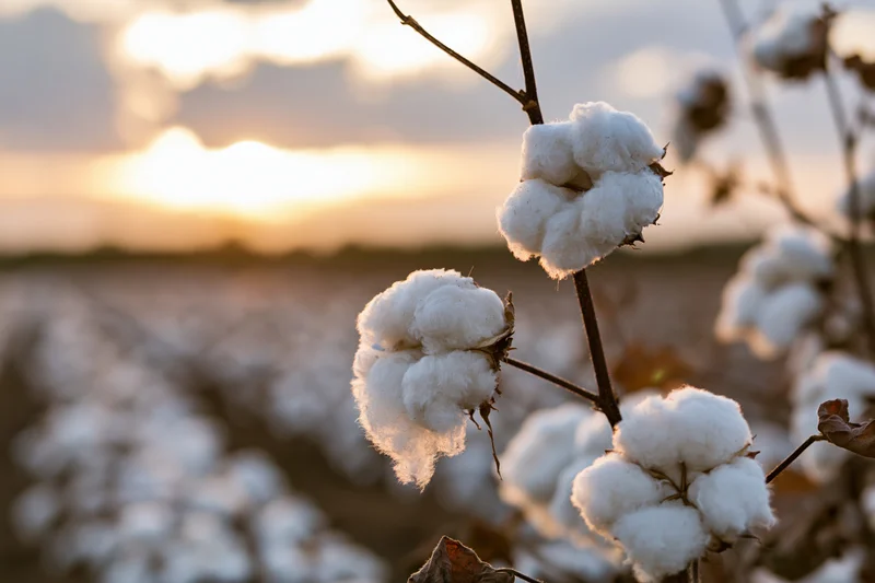 Ripe cotton bolls on dry stems in a field at harvest time