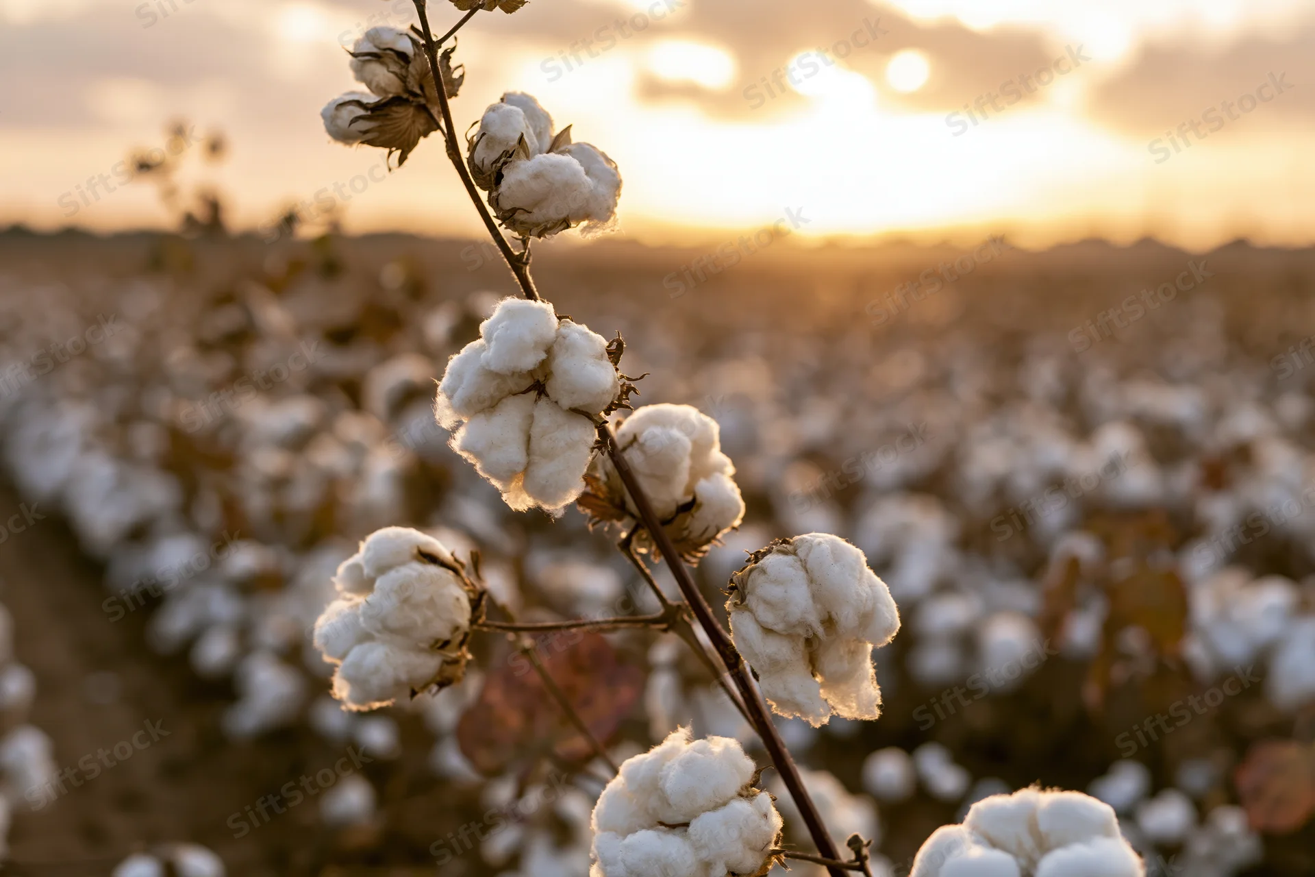 Ripe cotton bolls on dry brown stems in a field at sunset