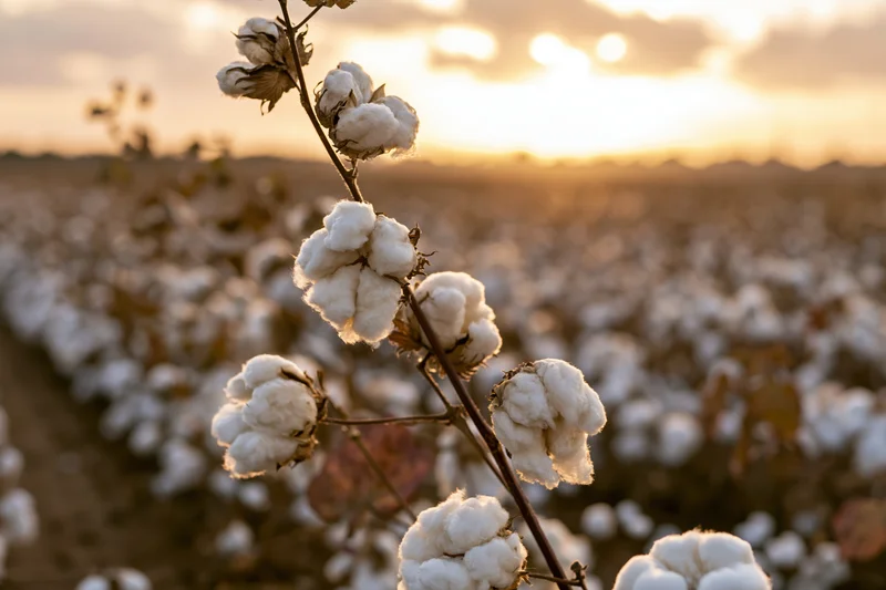 Ripe cotton bolls on dry brown stems in a field at sunset