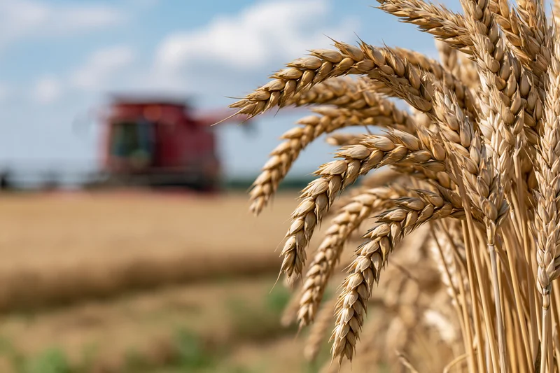 Close-up of ripe golden wheat stalks in a field with a red combine harvester in the background