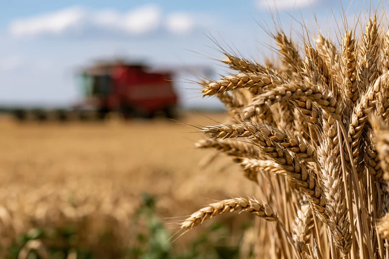 Close-up of ripe golden wheat stalks in a field with a combine harvester in the background during harvest season