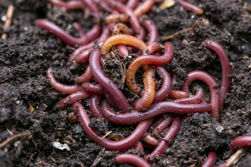 Cluster of red wiggler earthworms writhing and tangled in dark soil
