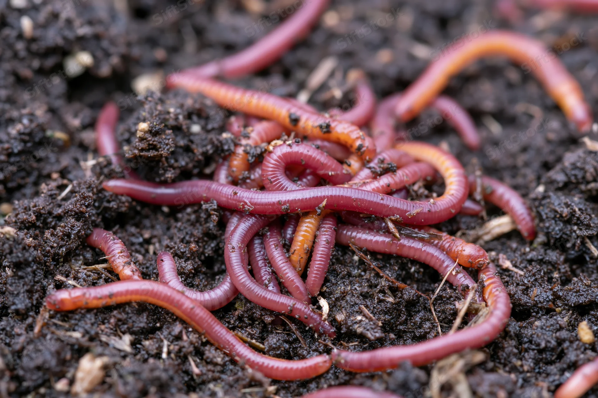 Red wiggler earthworms tangled and writhing in dark compost soil