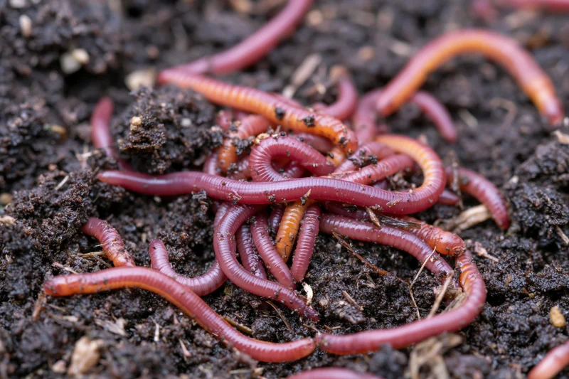 Red wiggler earthworms tangled and writhing in dark compost soil