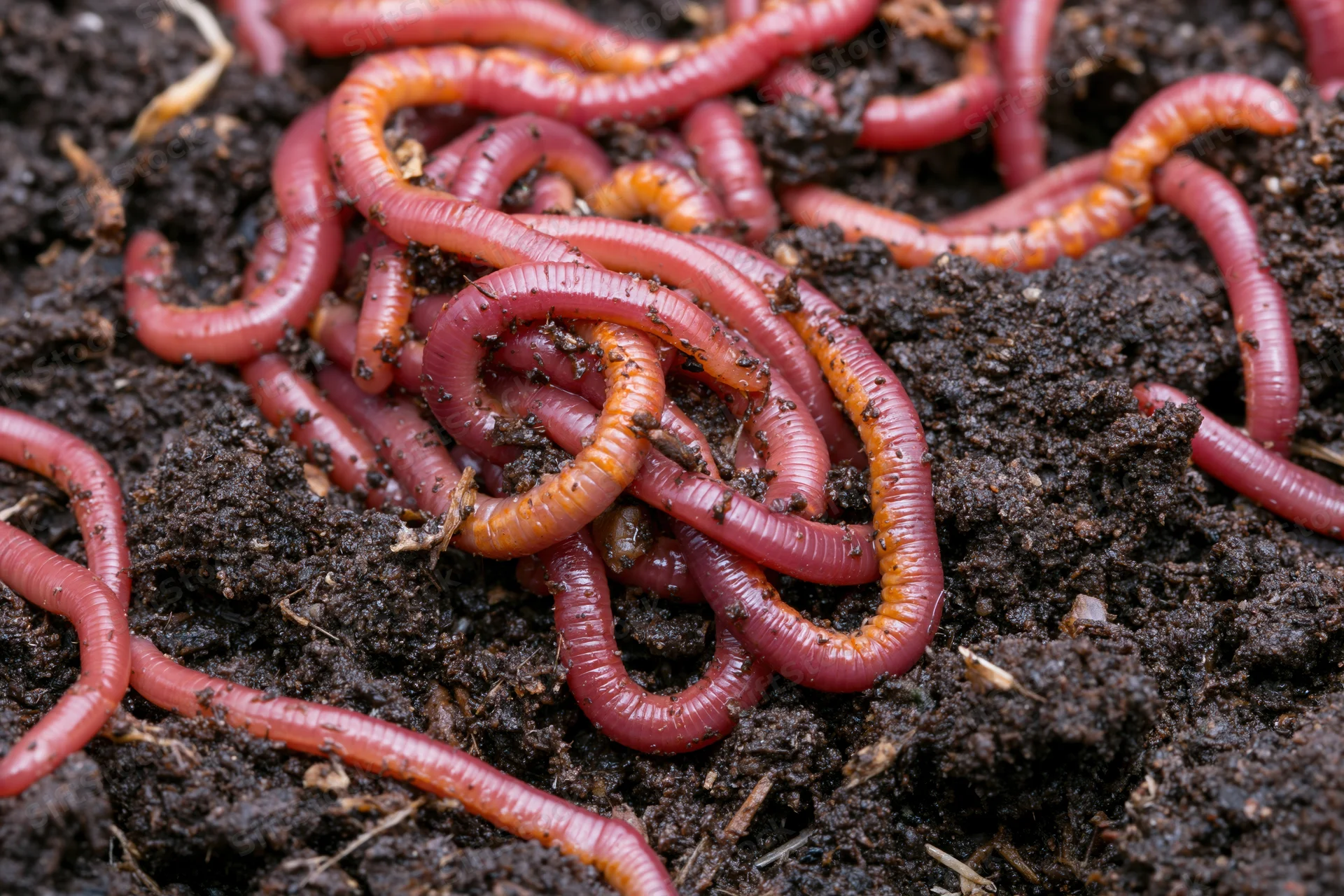 Red wiggler earthworms tangled and writhing in dark compost soil