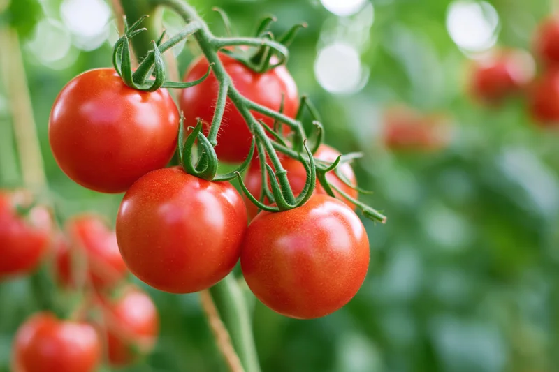 Ripe red tomatoes clustered on a green vine in a garden