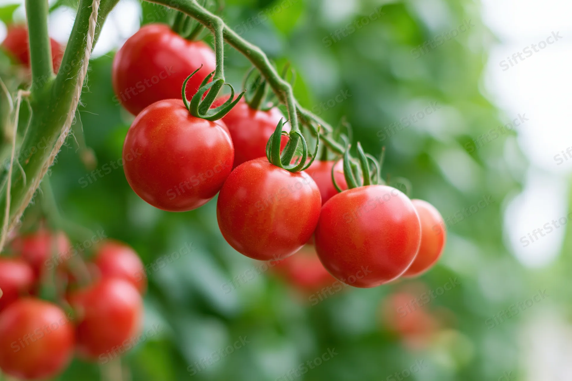 Ripe red tomatoes clustered on a green vine in a garden setting