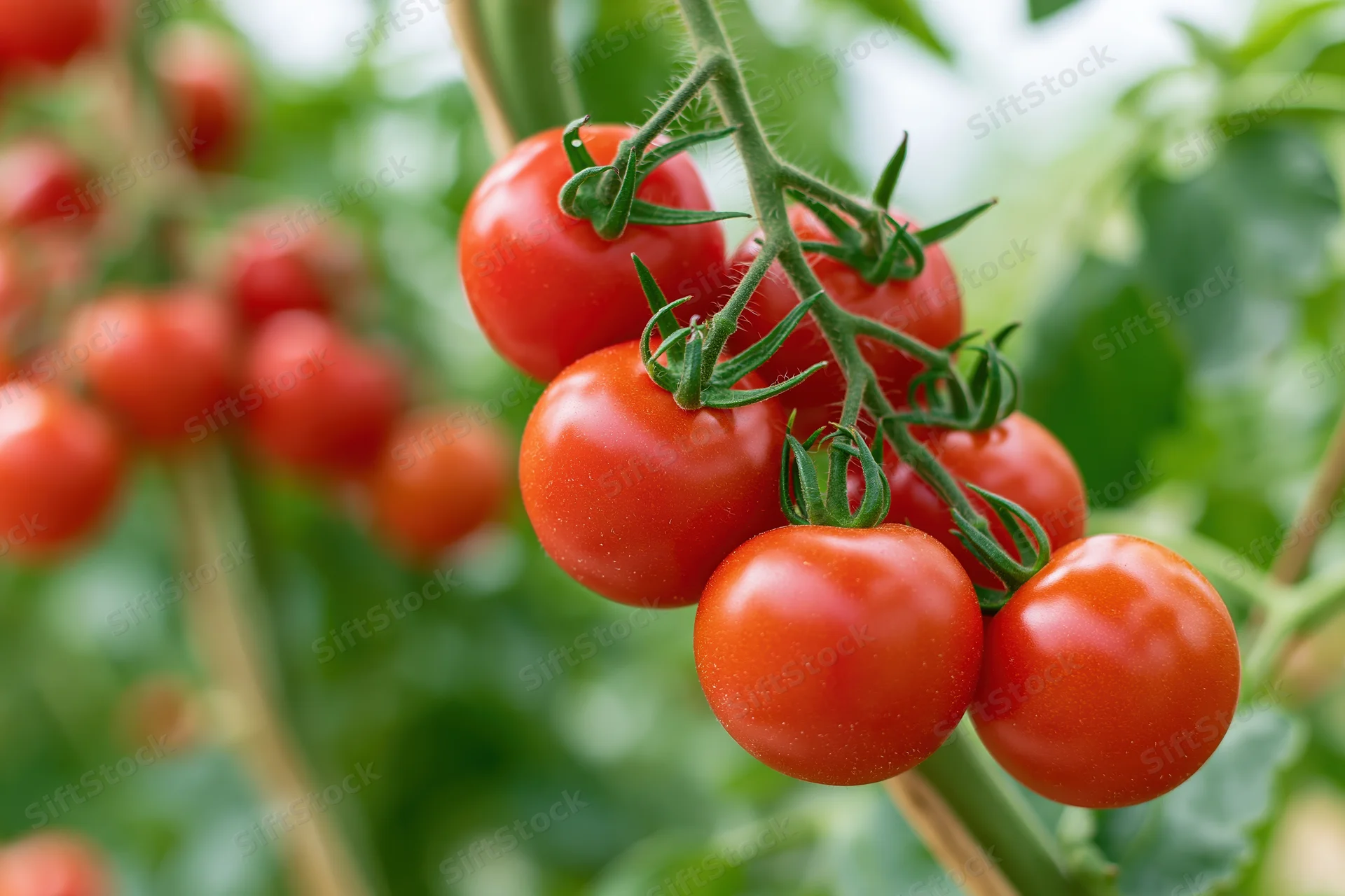 Ripe red tomatoes clustered on a green vine in a garden