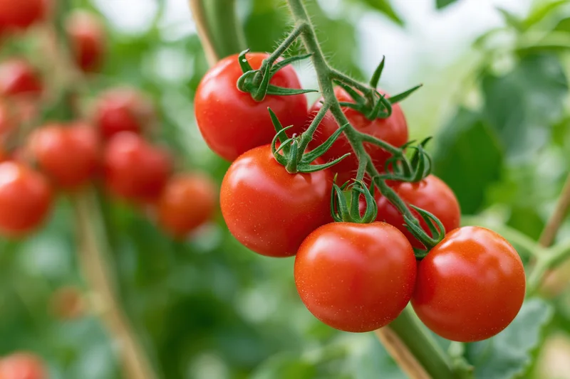 Ripe red tomatoes clustered on a green vine in a garden