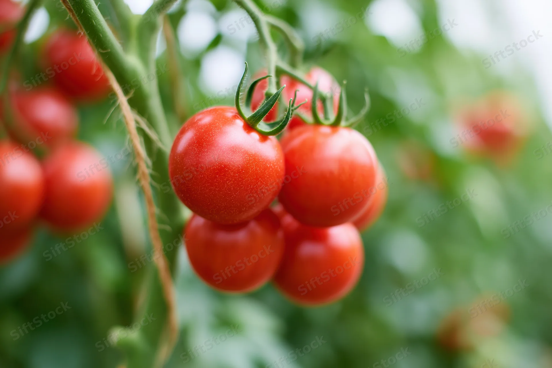 Cluster of ripe red tomatoes hanging on a green vine stem in a garden