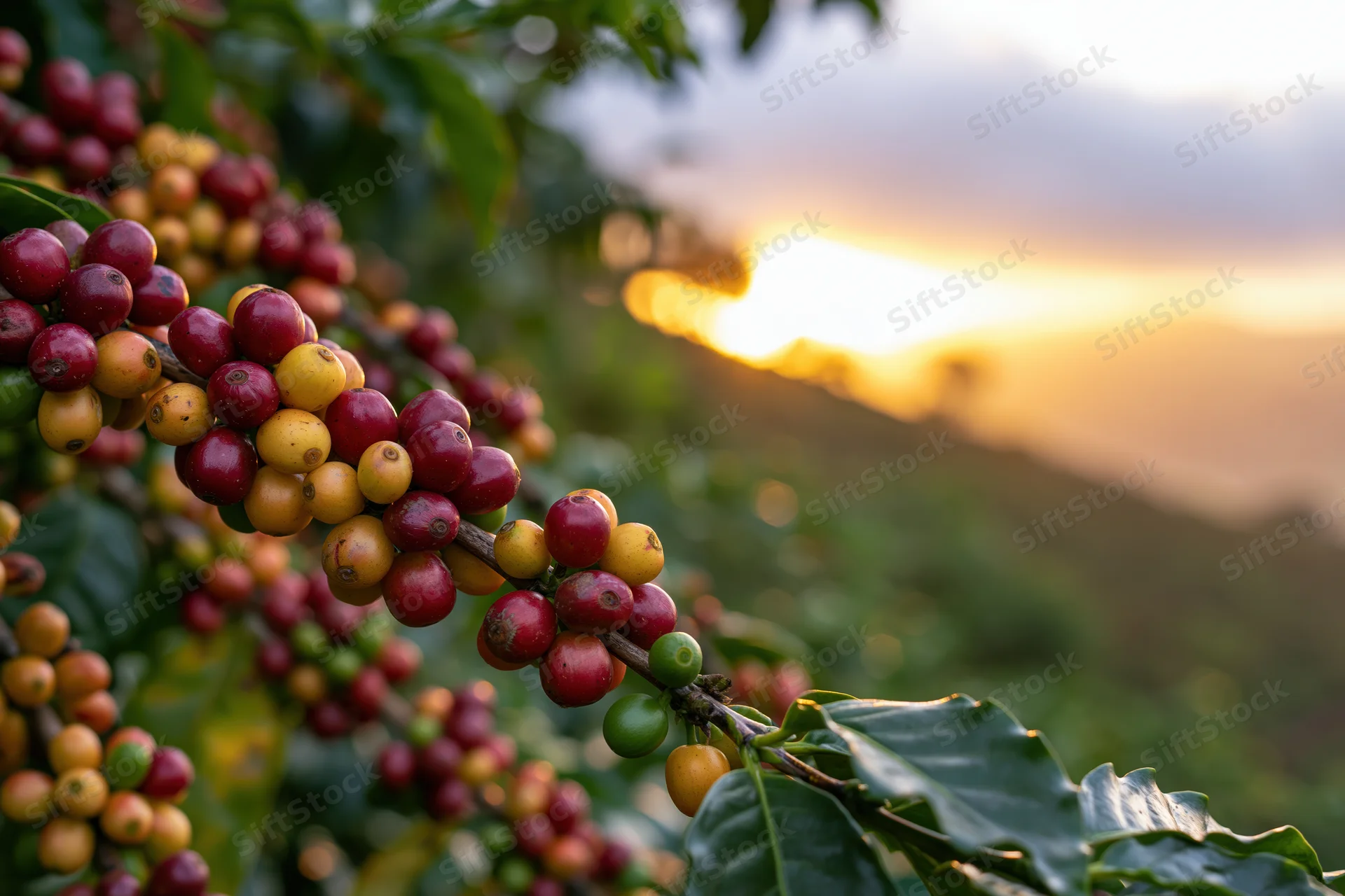 Coffee cherries in mixed ripeness stages on a branch with sunset in the background