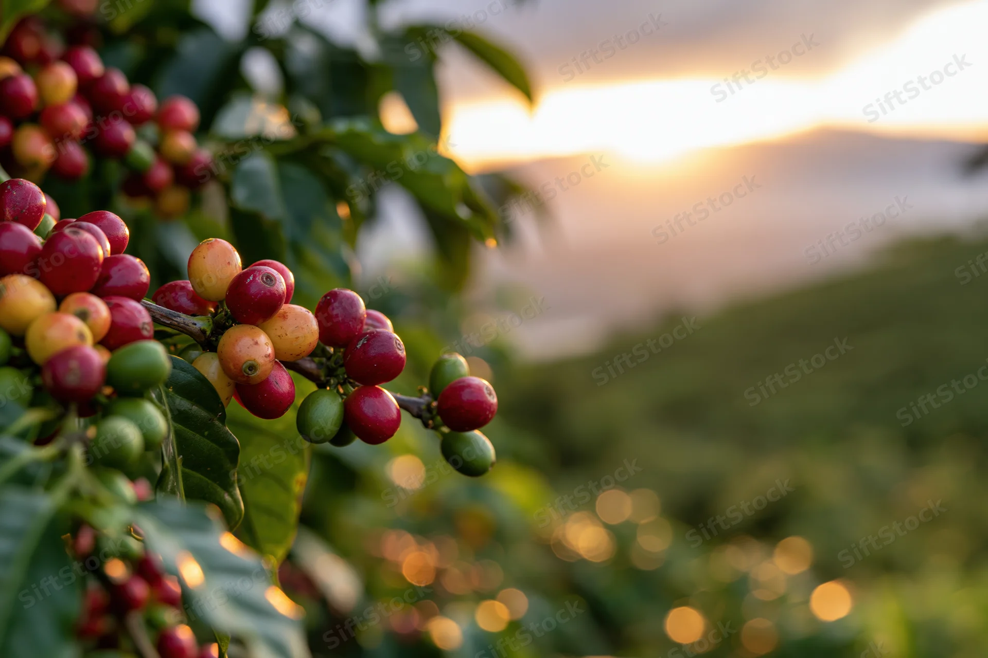 Coffee cherries in mixed ripeness stages on a branch against a hilly sunset landscape