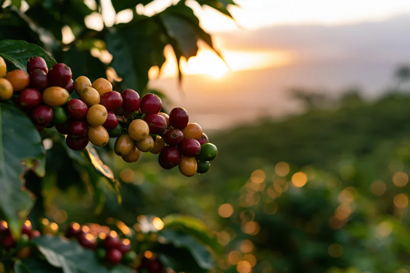 Coffee cherries in mixed ripeness stages on a branch against a hazy sunrise over hills