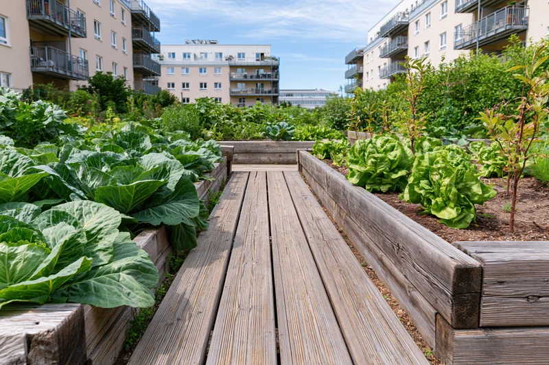 Wooden pathway between raised vegetable beds in a community urban garden