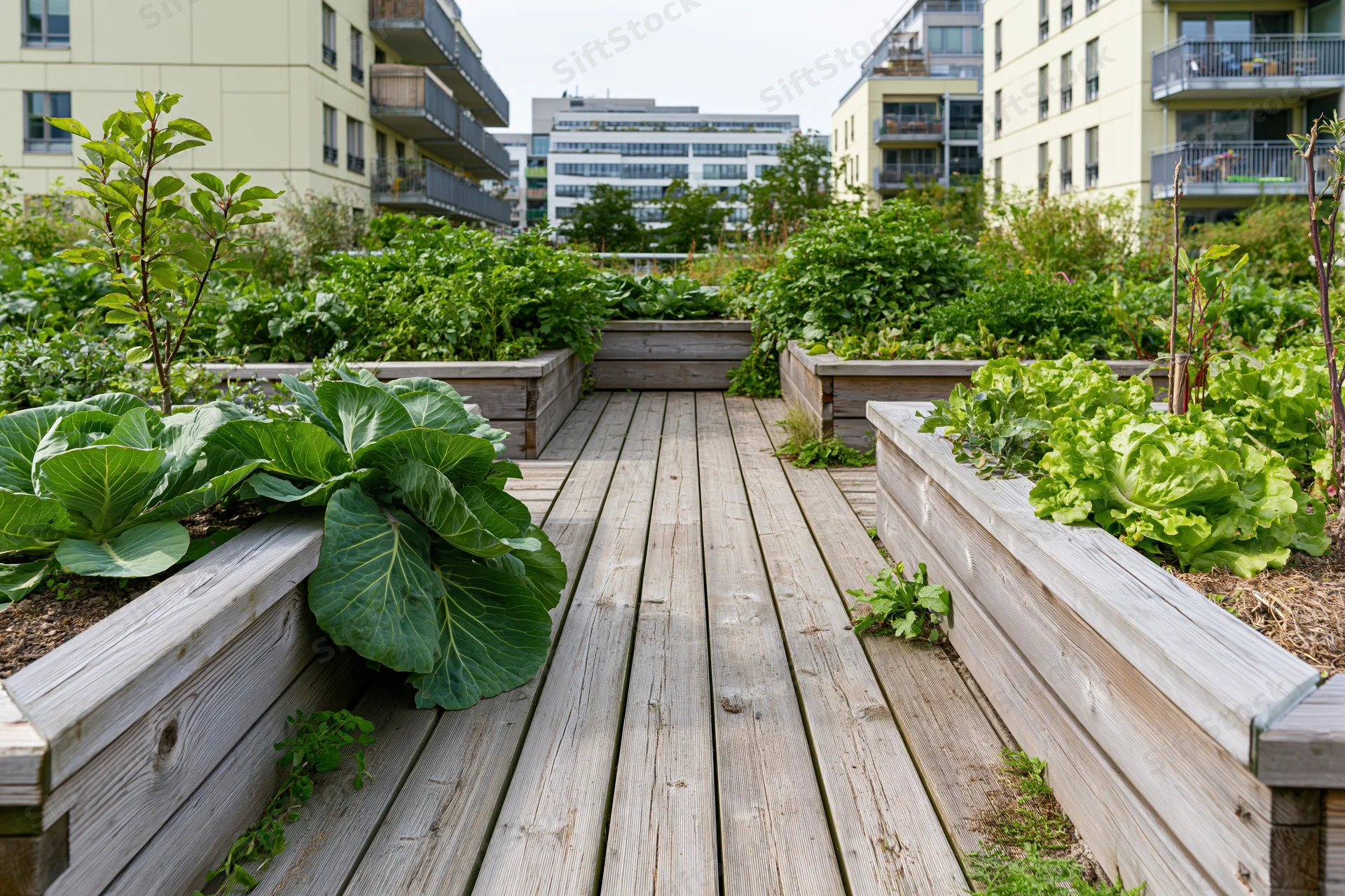Community urban garden with wooden raised beds planted with vegetables along a wooden pathway between apartment buildings
