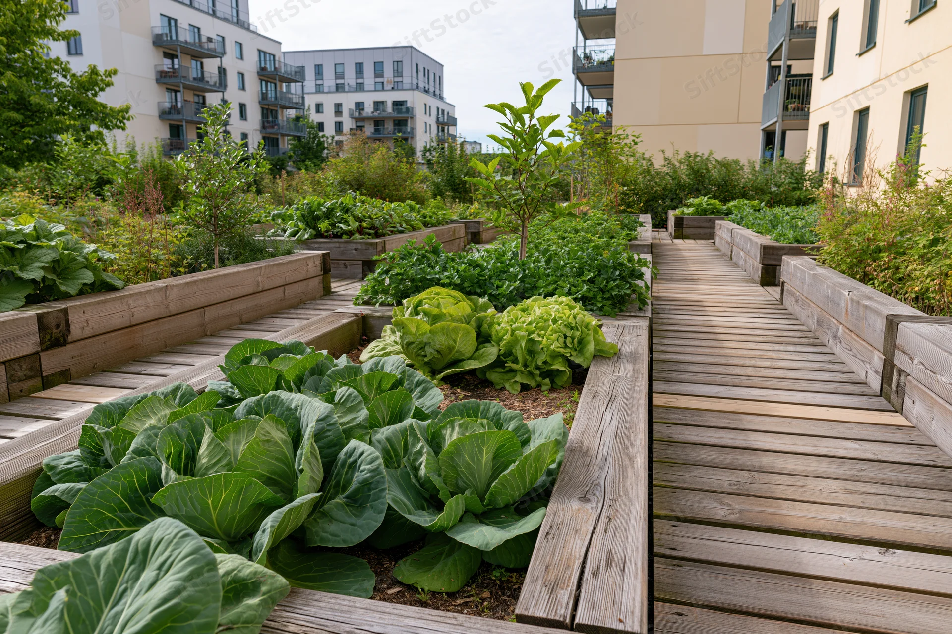 Community urban garden with wooden raised beds and vegetable plants arranged along pathways between apartment buildings