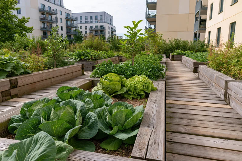 Community urban garden with wooden raised beds and vegetable plants arranged along pathways between apartment buildings