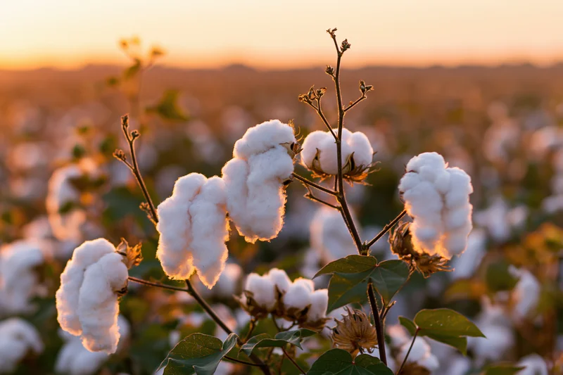 Cotton plant in full bloom with fluffy white bolls in a field at sunset