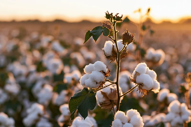 Cotton plant in full bloom with fluffy white bolls in a field at sunset