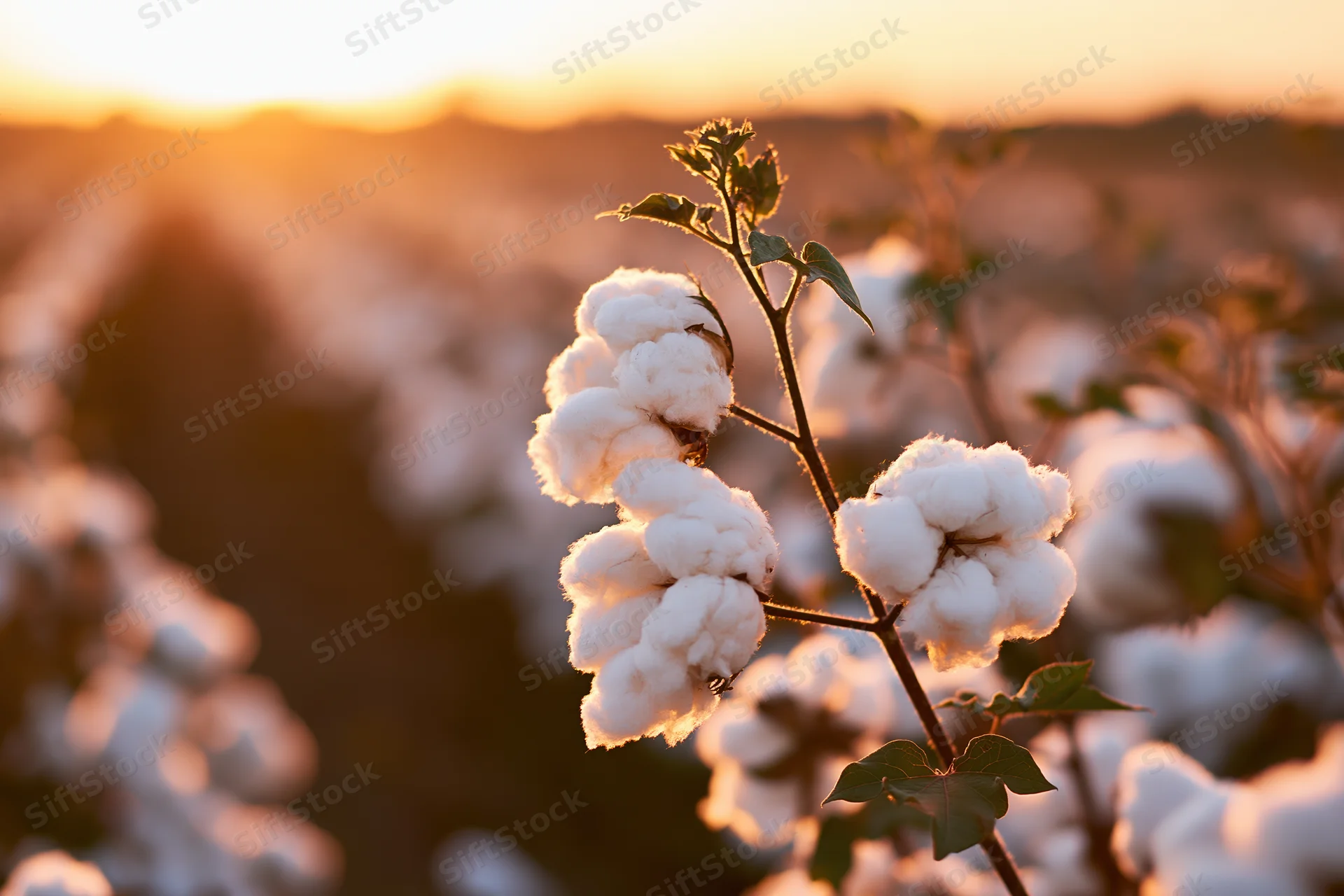 Cotton plant with open fluffy white bolls in a field at sunset