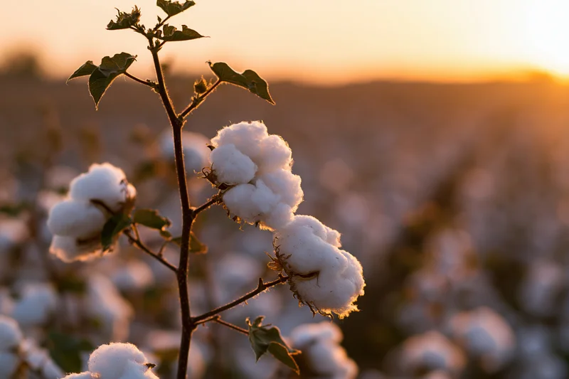 Cotton plant with open fluffy white bolls in a field at sunset