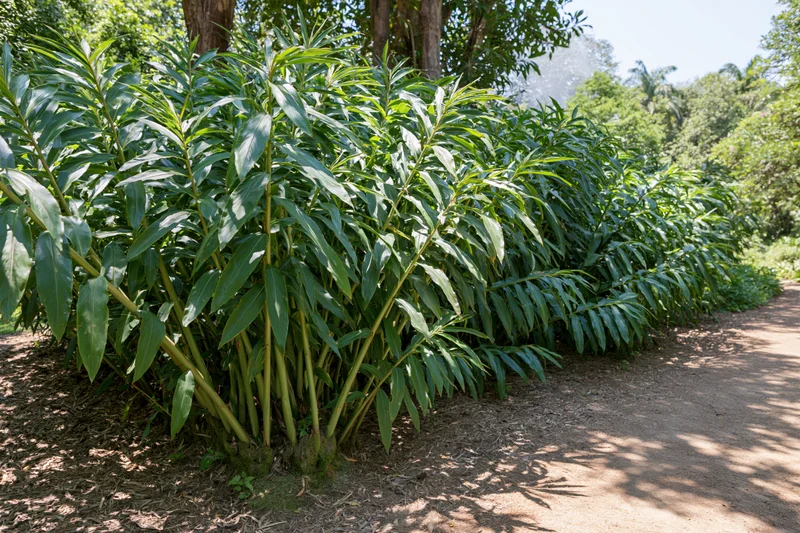 Dense clump of large-leafed tropical shrubs growing beside a dirt path in a garden setting