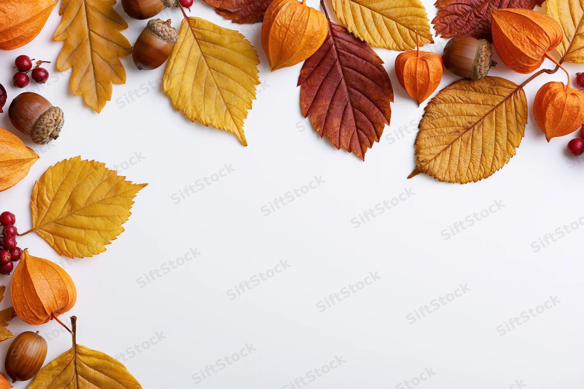 Dried autumn leaves acorns physalis pods and red berries arranged in border on white background with copyspace