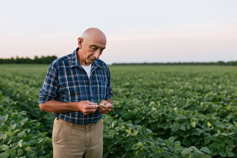 Senior male farmer inspecting soybean leaves in a dense field during daylight