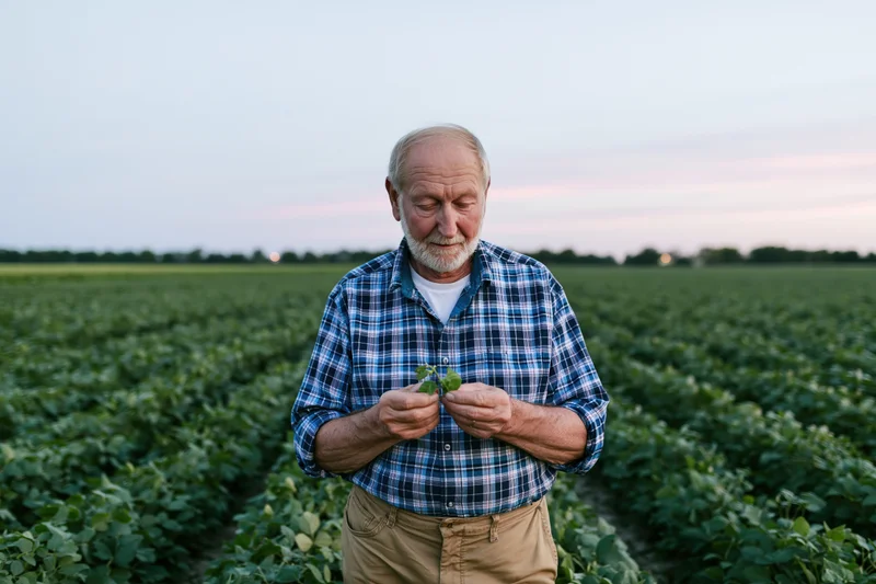 Senior farmer inspecting soybean plant in a field at twilight