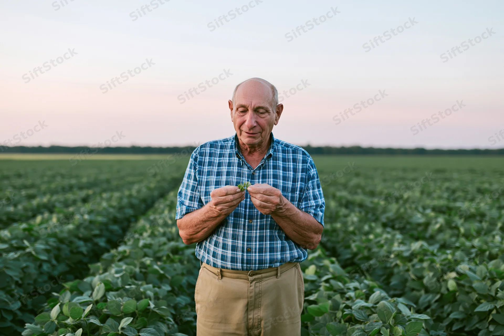 Senior male farmer inspecting soybean plant in a field at twilight