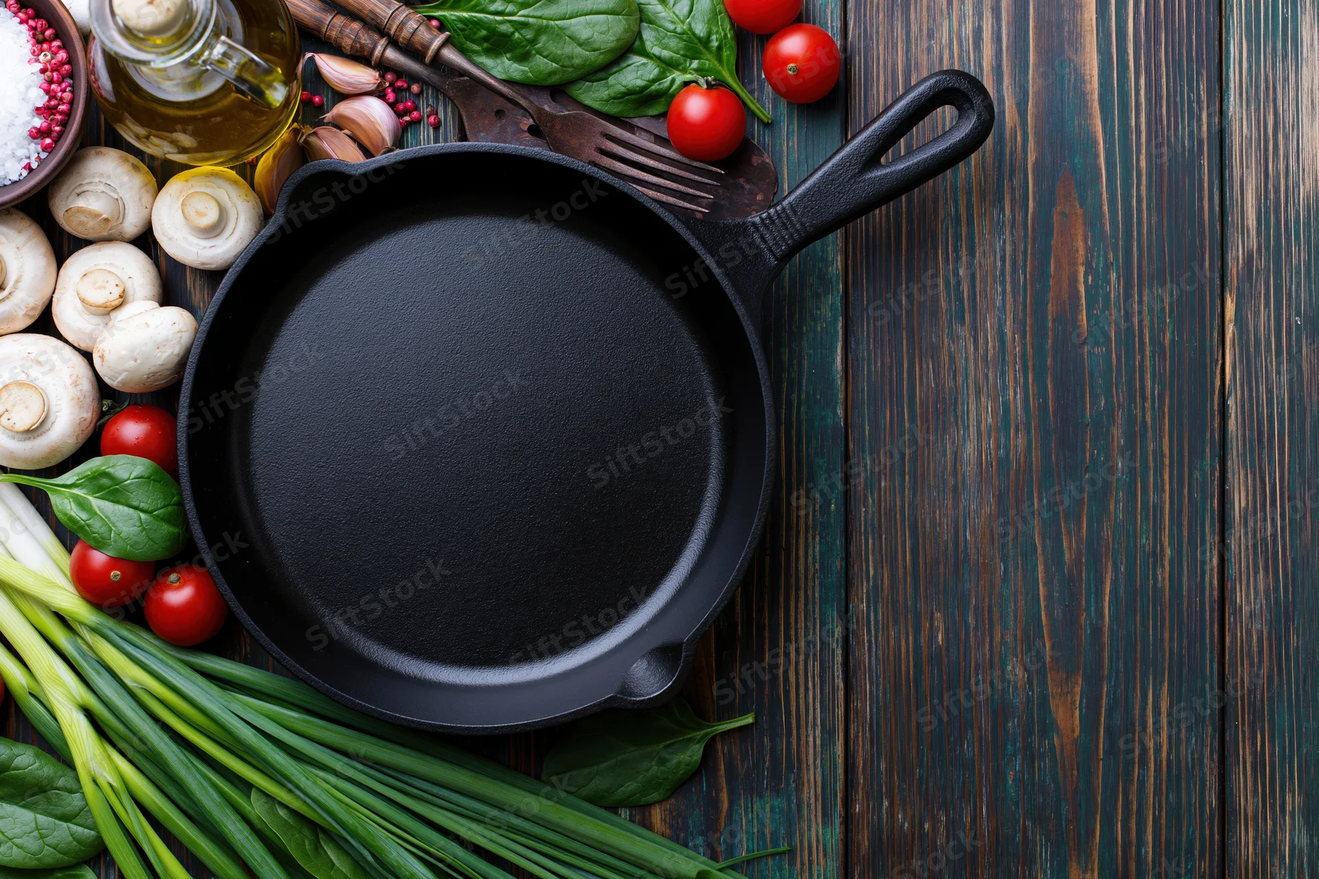 Empty cast iron skillet surrounded by fresh vegetables and cooking ingredients on dark wooden surface