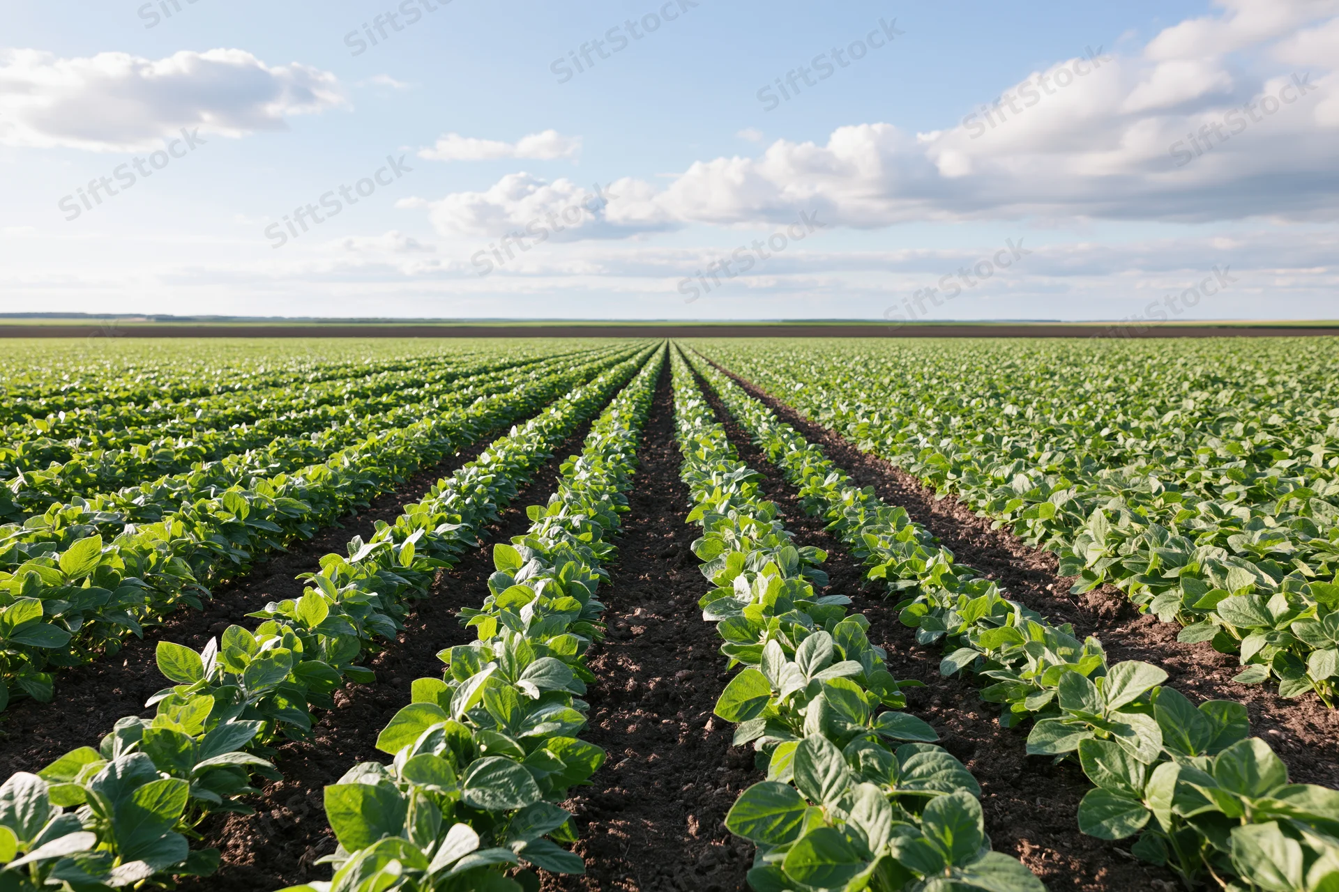 Young soybean plants growing in straight rows across a vast field under a partly cloudy sky