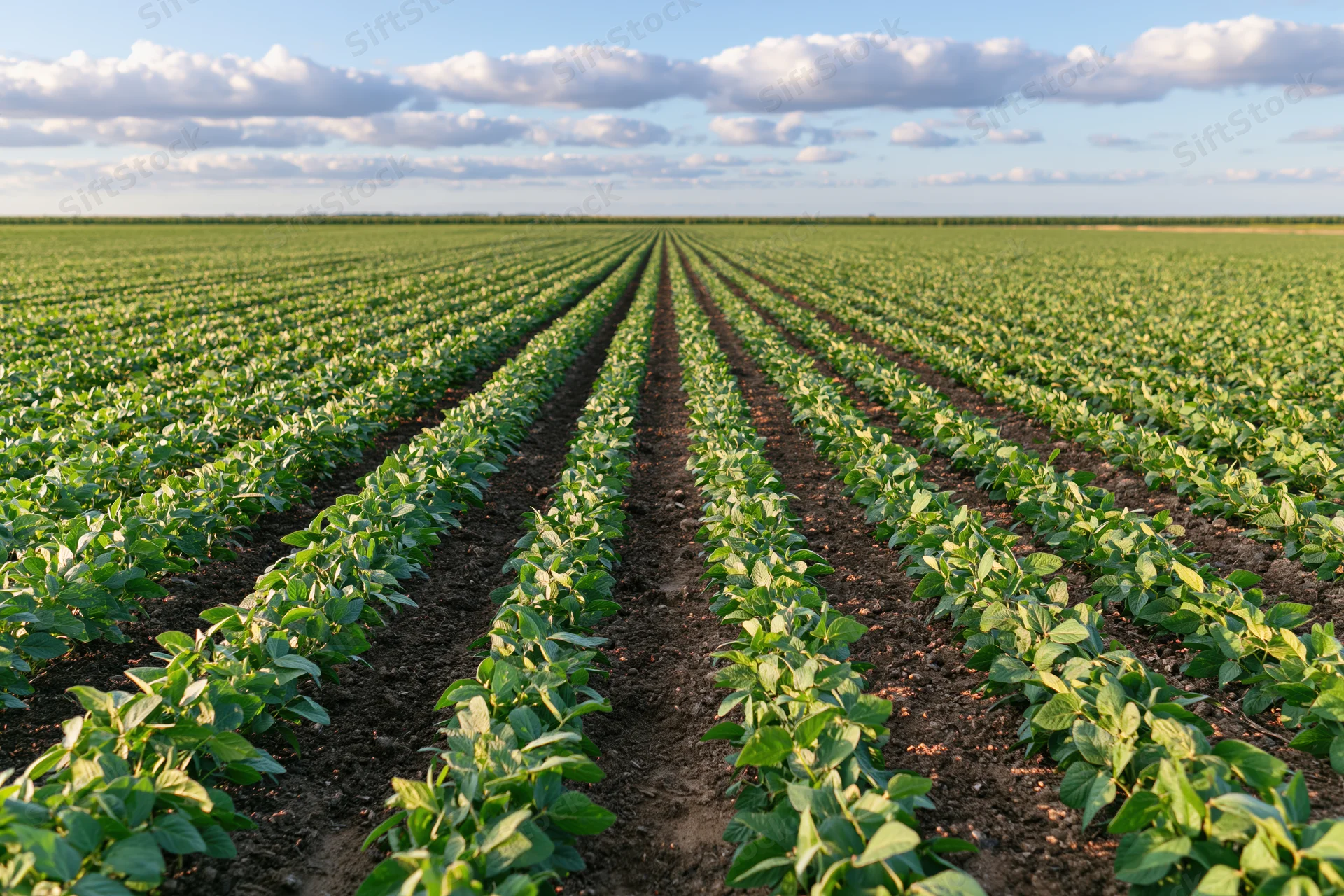 Young soybean plants growing in straight rows across a vast open field under a partly cloudy sky