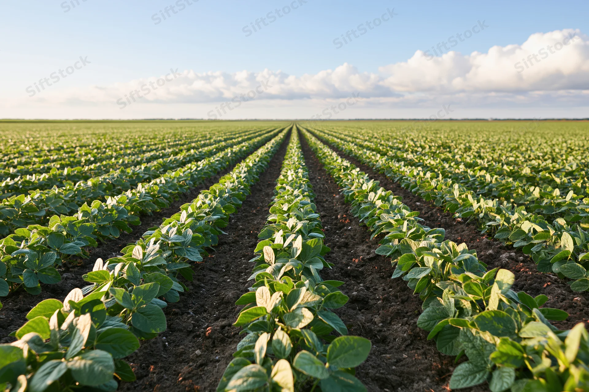 Young soybean plants growing in straight rows across a vast field under a partly cloudy sky