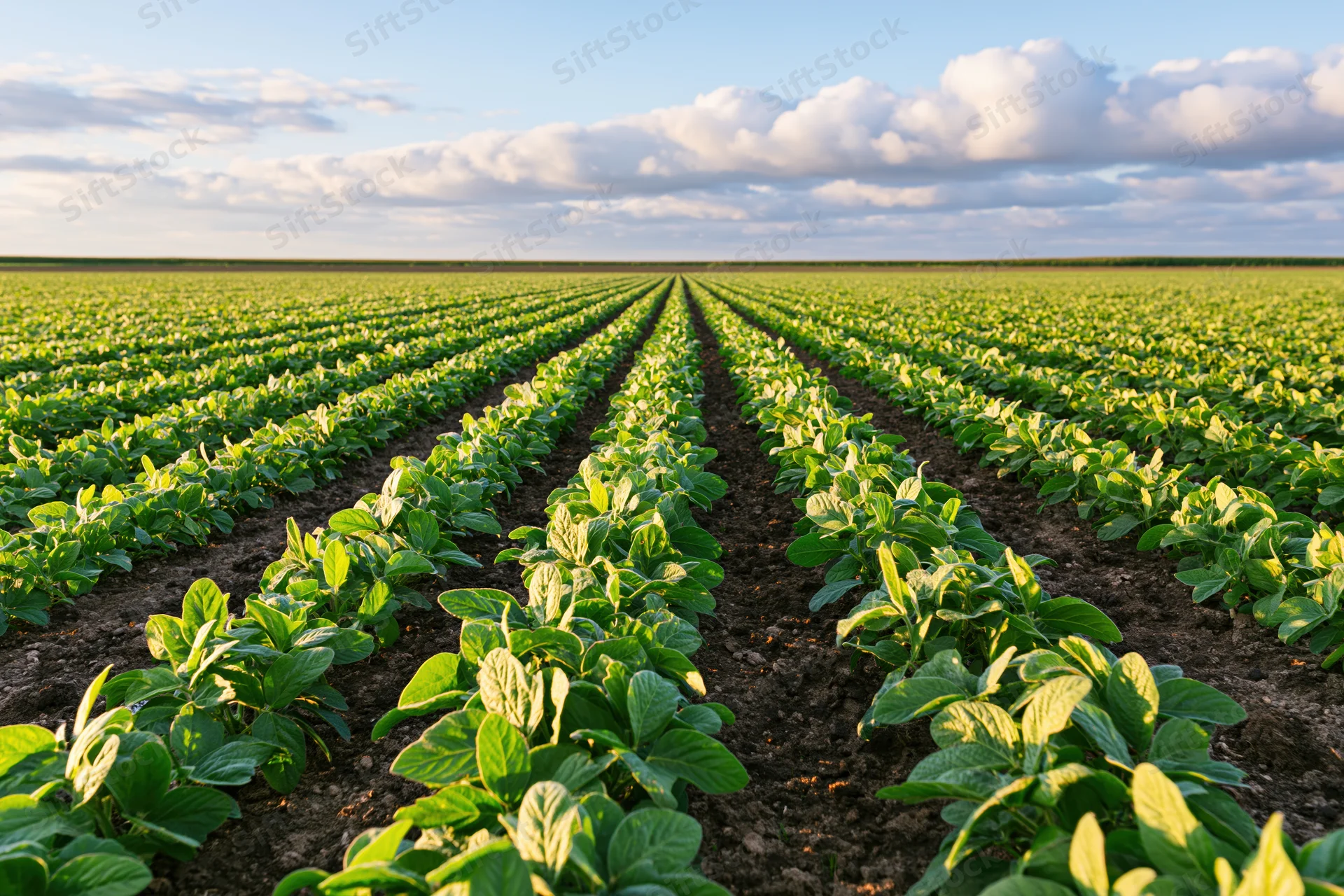 Young soybean plants growing in straight rows across a vast field under a partly cloudy sky
