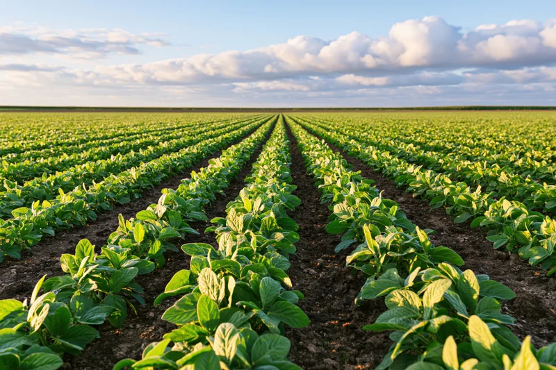 Young soybean plants growing in straight rows across a vast field under a partly cloudy sky