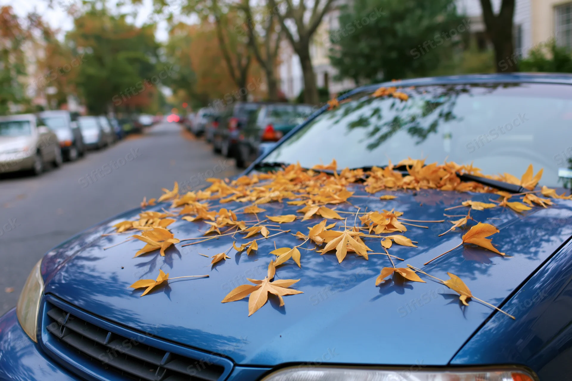 Fallen autumn leaves scattered across the hood and windshield of a blue car parked on a residential street