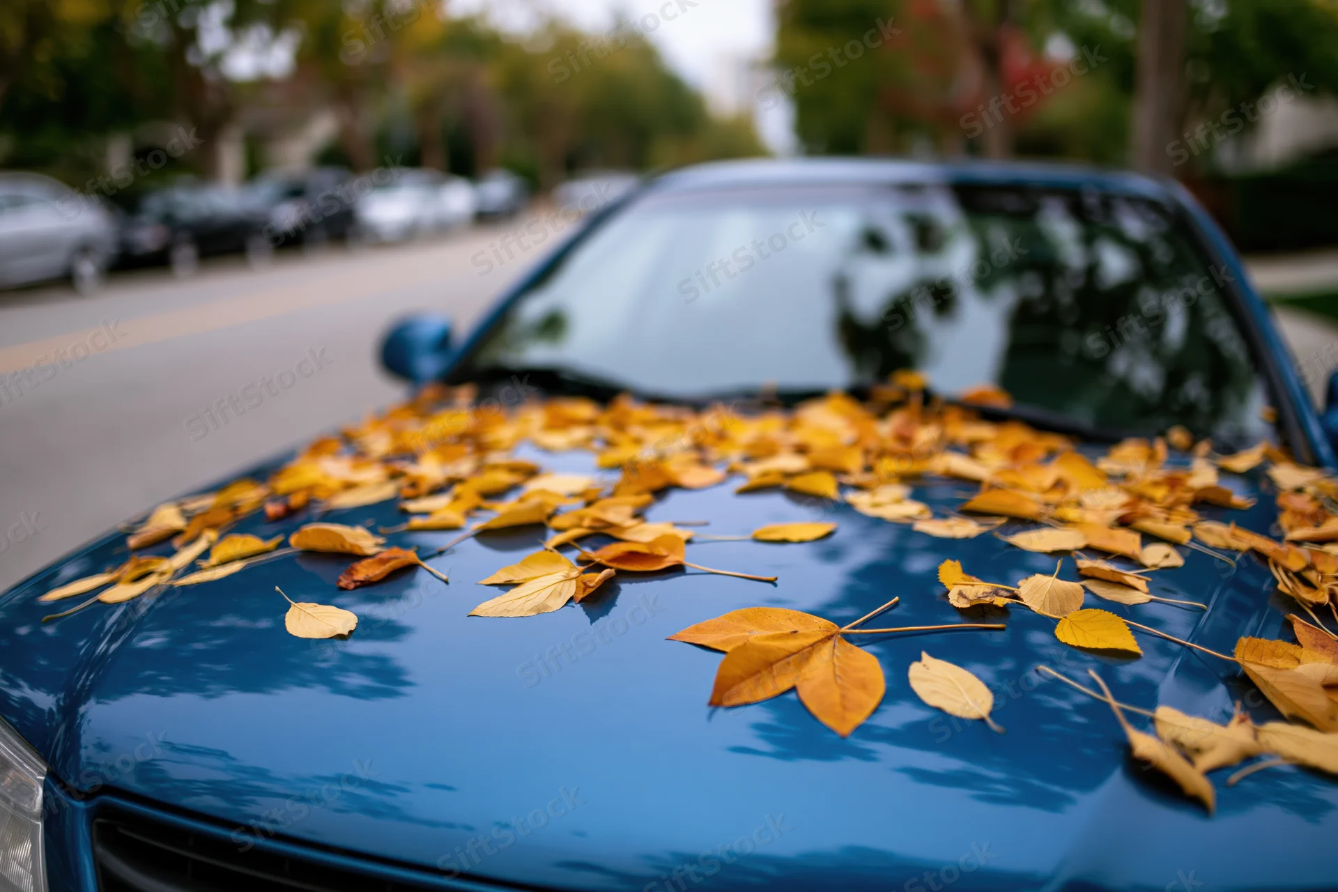 Fallen autumn leaves scattered across the hood and windshield of a blue car parked on a suburban street