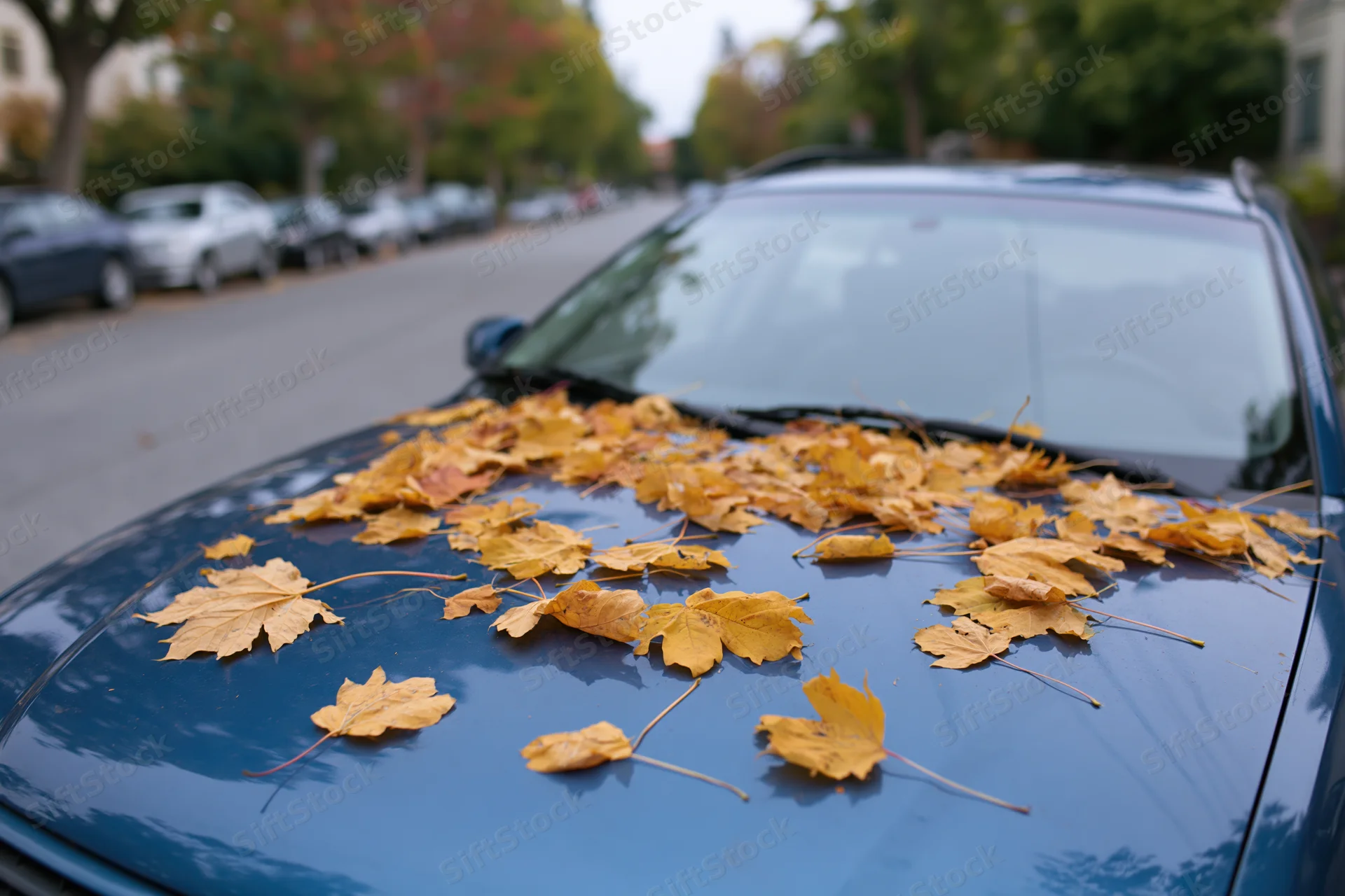 Fallen maple leaves scattered across the hood and windshield of a blue car parked on a residential street