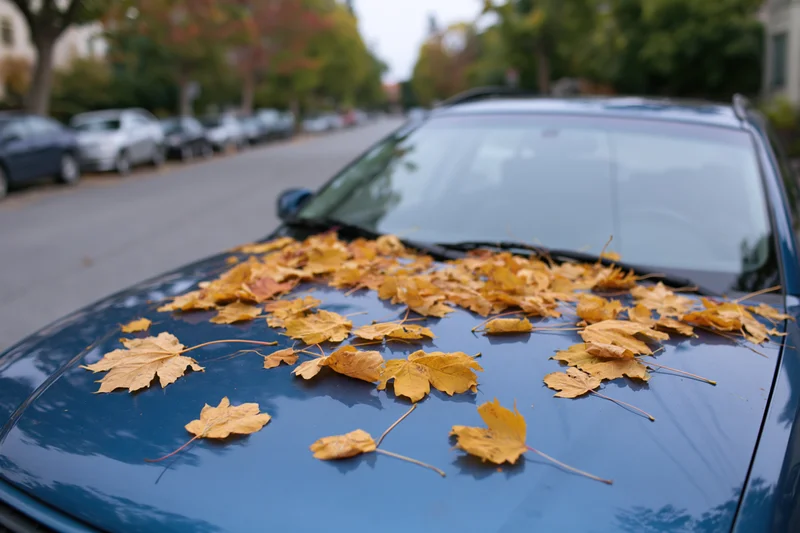 Fallen maple leaves scattered across the hood and windshield of a blue car parked on a residential street