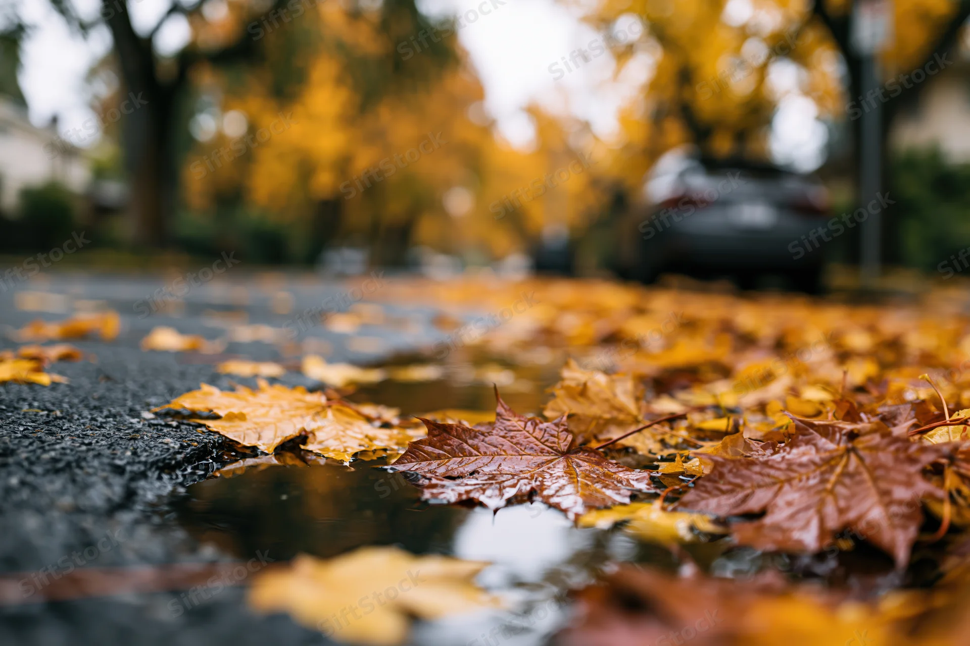 Fallen maple leaves scattered on wet asphalt street with puddles and reflections