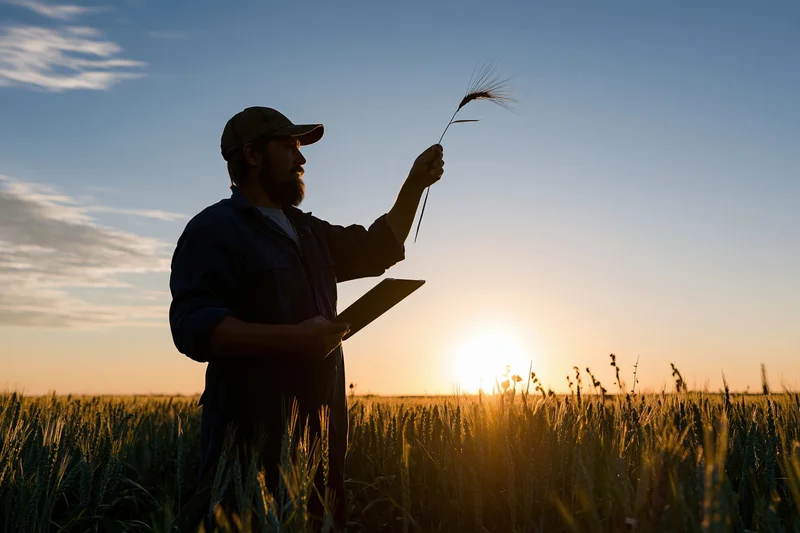 Farmer inspecting wheat stalk in field at sunset