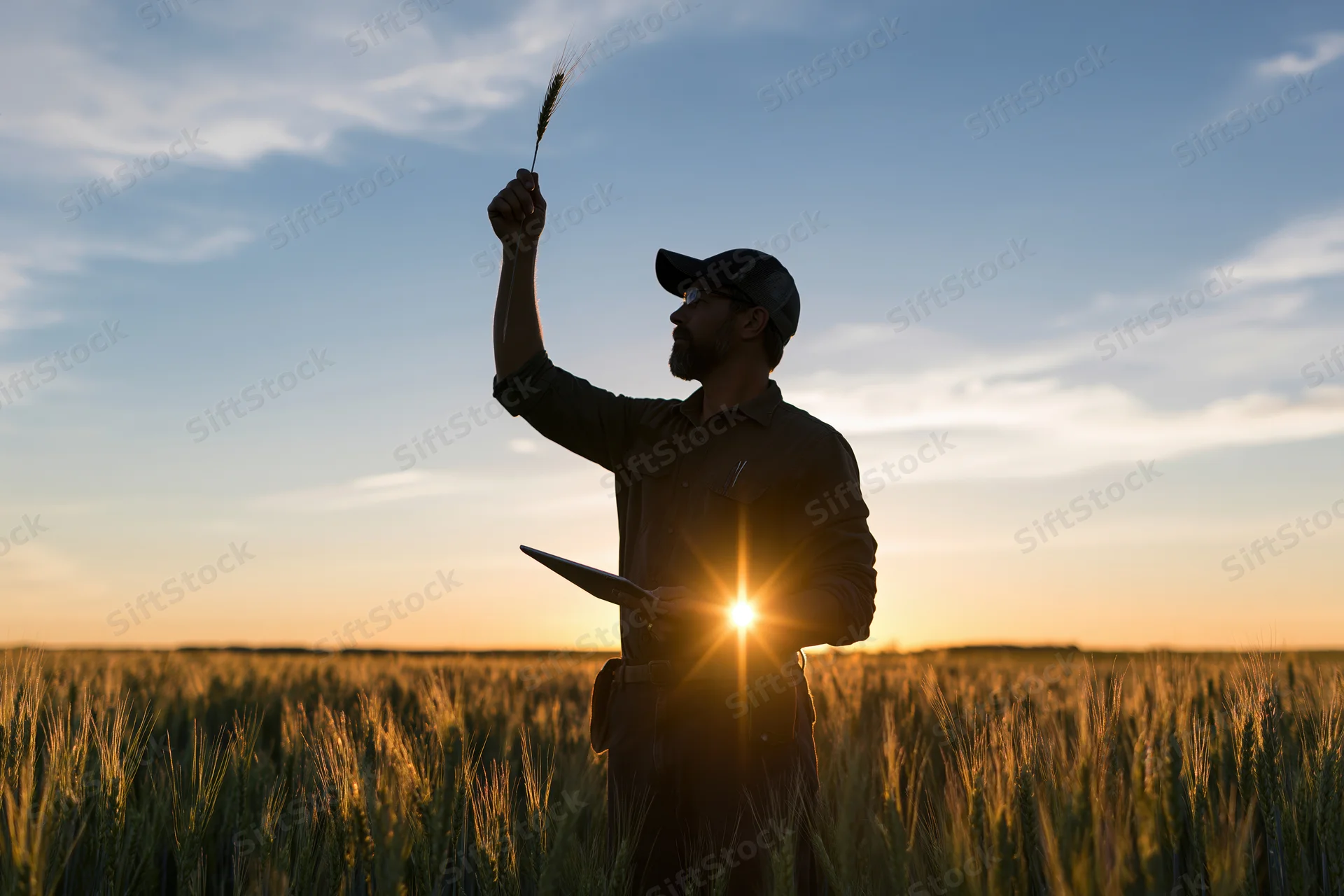 Farmer inspecting wheat stalk in field at sunset