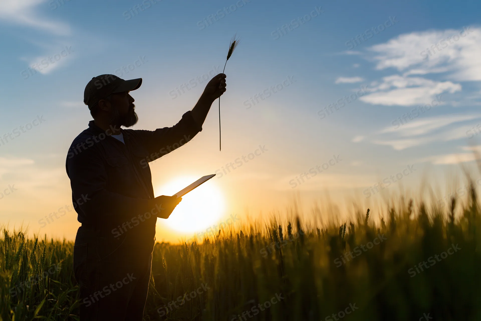 Farmer inspecting wheat stalk in field at sunset holding tablet