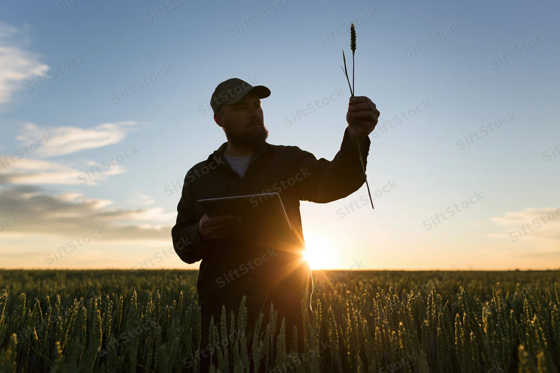 Farmer inspecting wheat crop in field at sunset with tablet