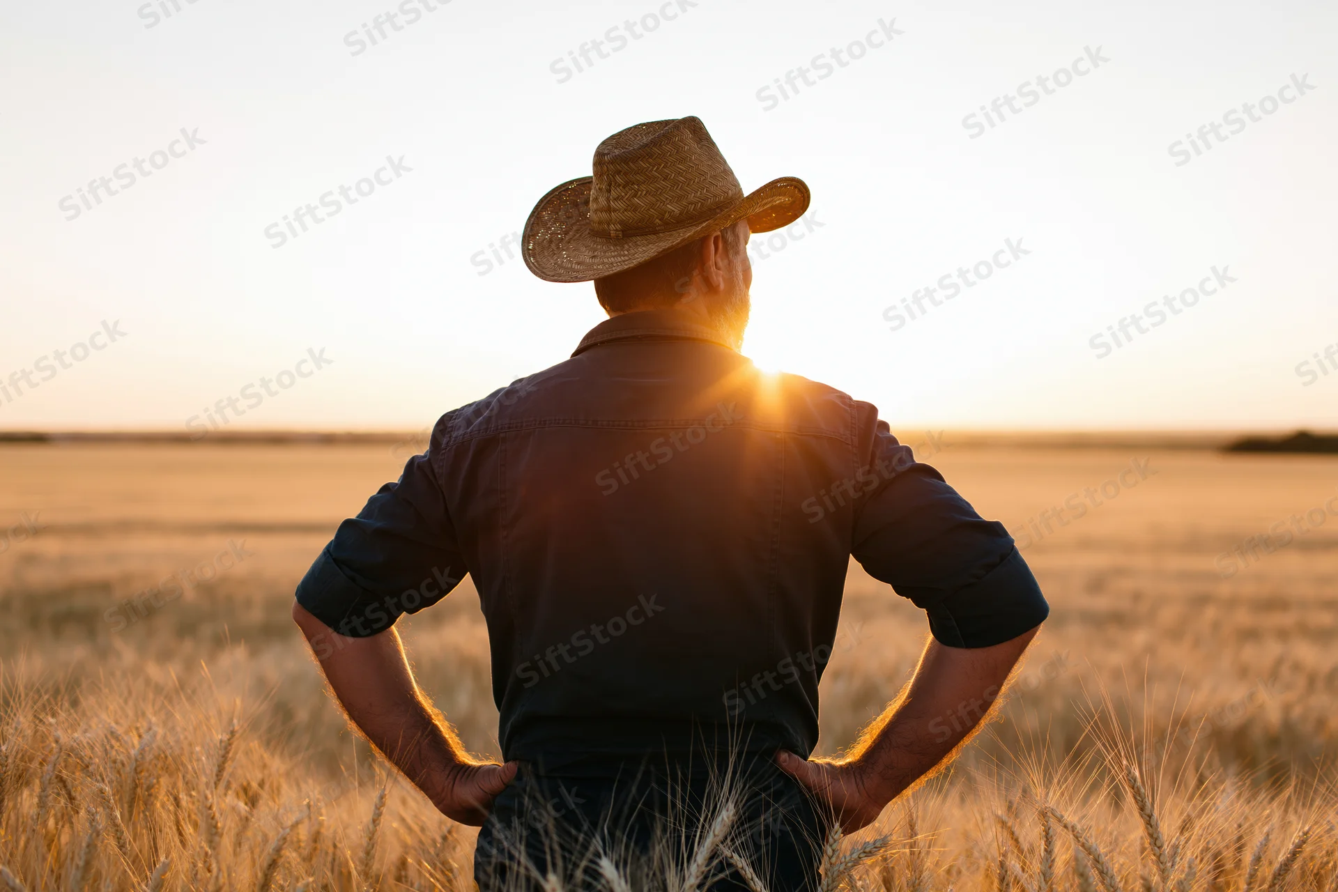 Farmer standing with hands on hips in wheat field at sunset